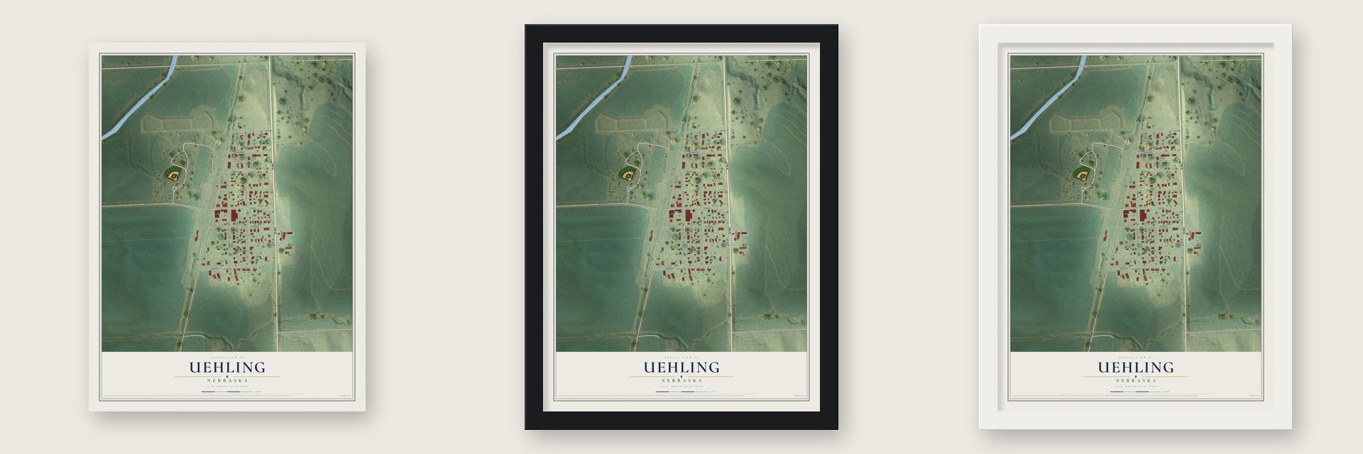Uehling, Nebraska map unframed, in a black wood frame and in a white wood frame