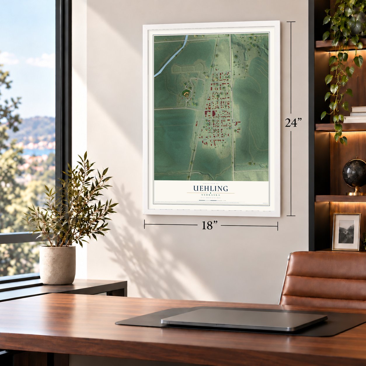 Uehling, Nebraska map, 18 x 24 inch print in a white frame in a home office