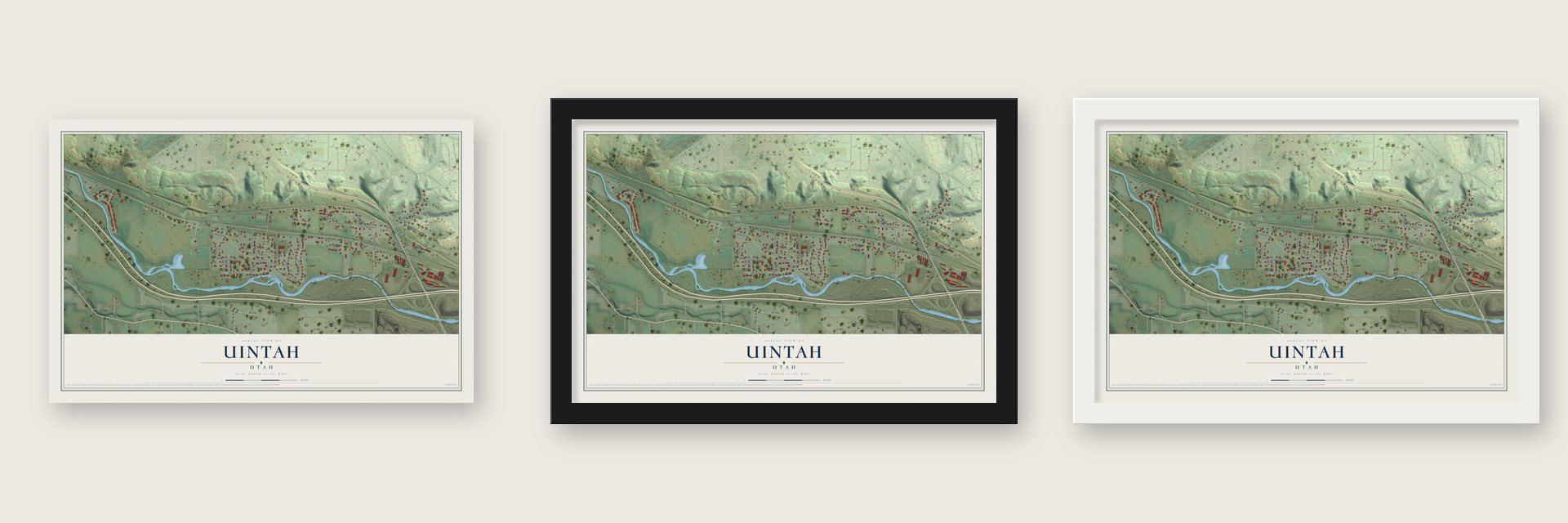 Uintah, Utah map unframed, in a black wood frame and in a white wood frame