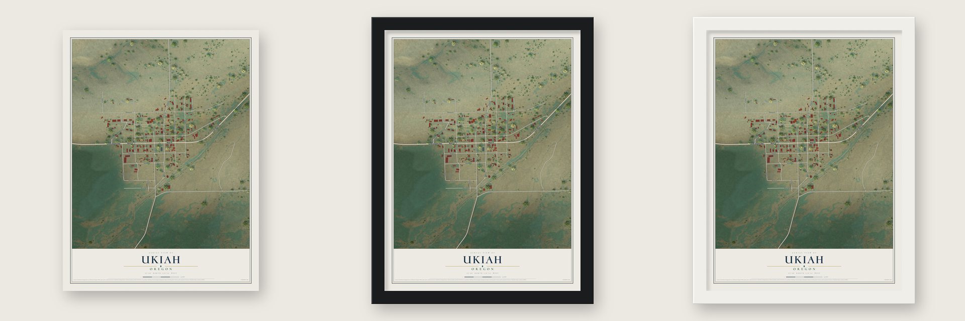 Ukiah, Oregon map unframed, in a black wood frame and in a white wood frame