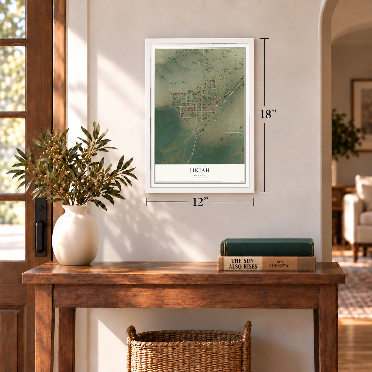 Ukiah, Oregon map, 12 x 18 inch print in a white frame in an entryway