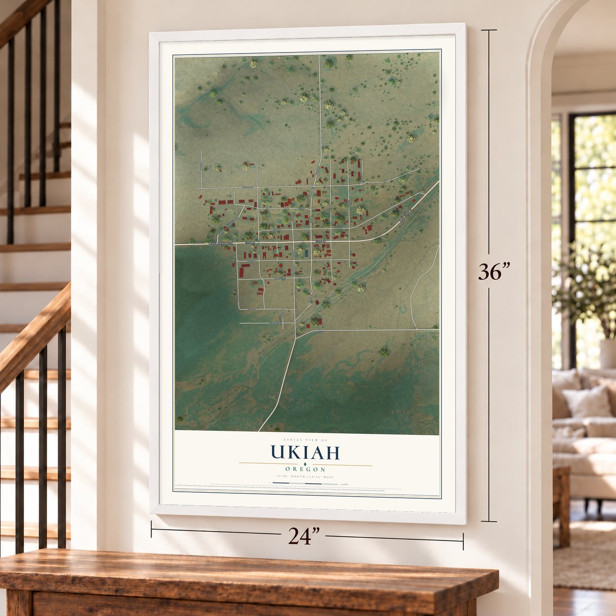 Ukiah, Oregon map, 24 x 36 inch print in a white frame by a staircase