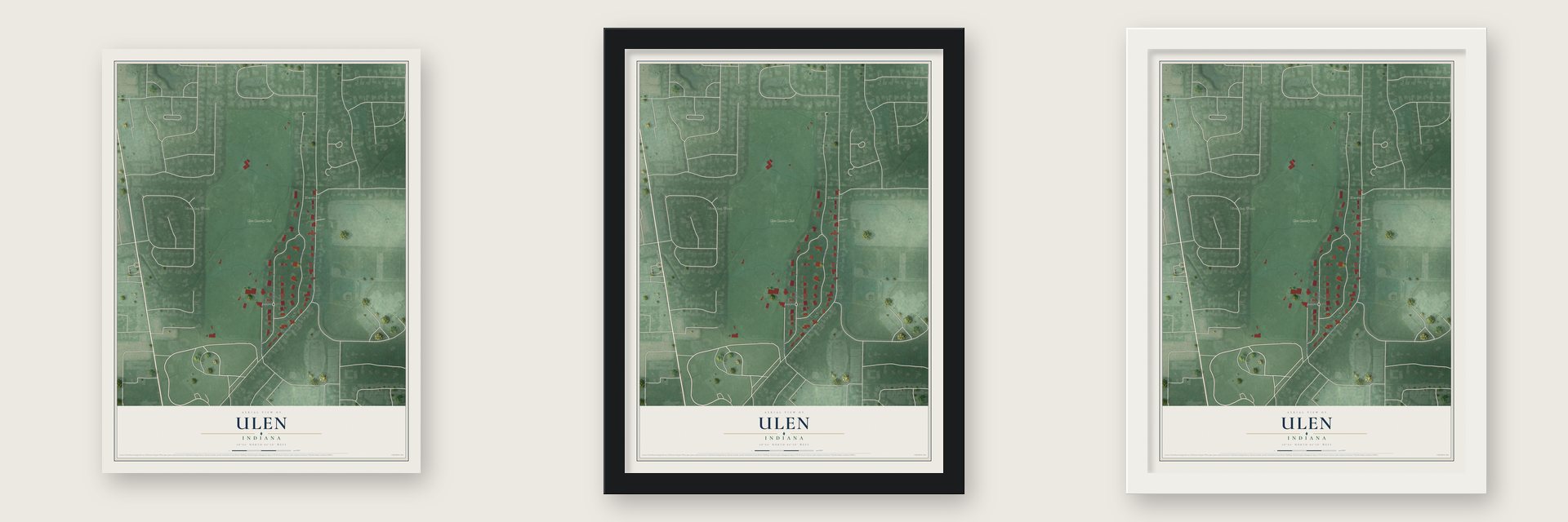 Ulen, Indiana map unframed, in a black wood frame and in a white wood frame
