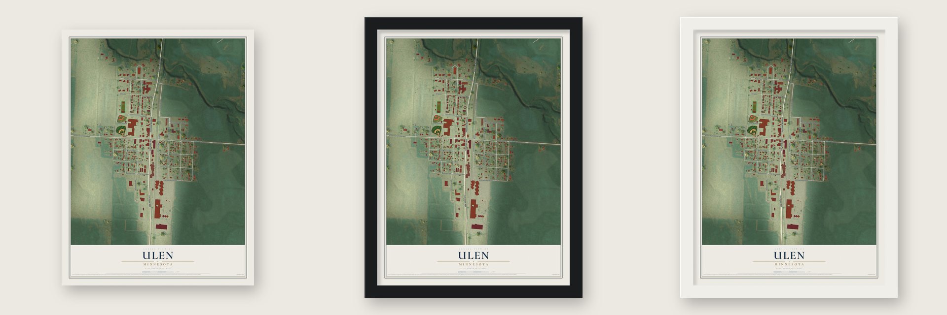Ulen, Minnesota map unframed, in a black wood frame and in a white wood frame