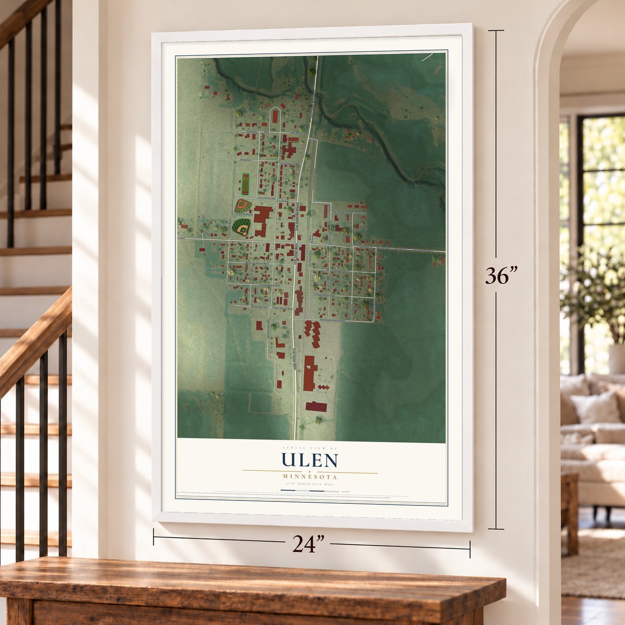 Ulen, Minnesota map, 24 x 36 inch print in a white frame by a staircase