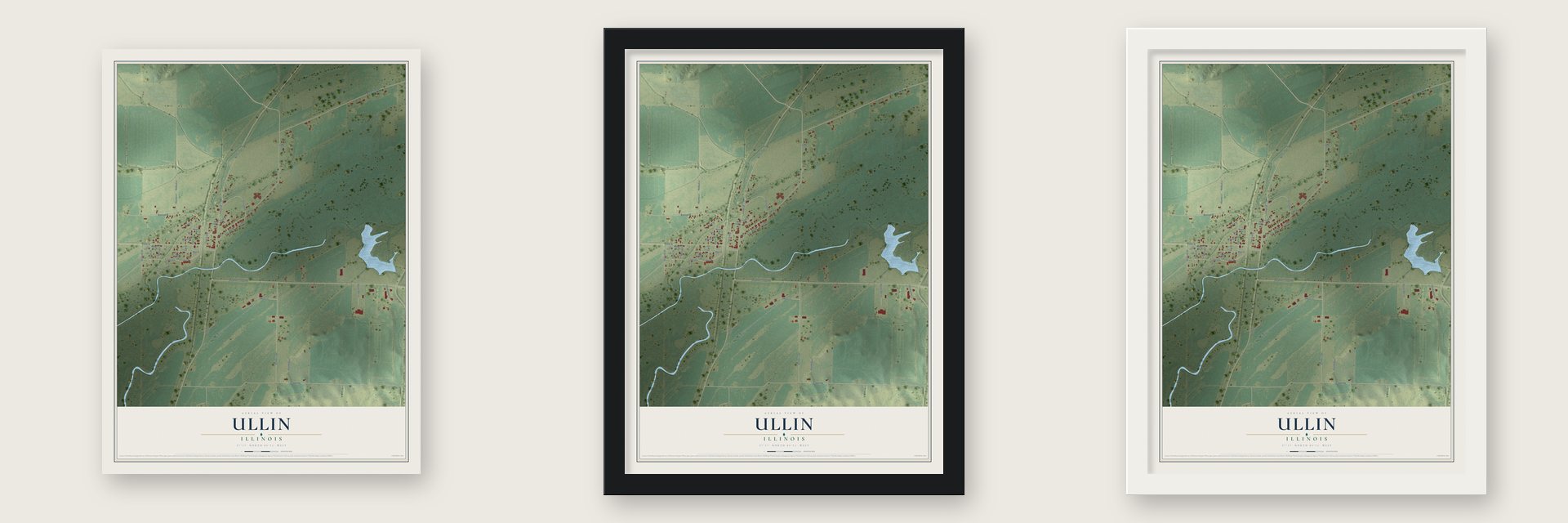 Ullin, Illinois map unframed, in a black wood frame and in a white wood frame