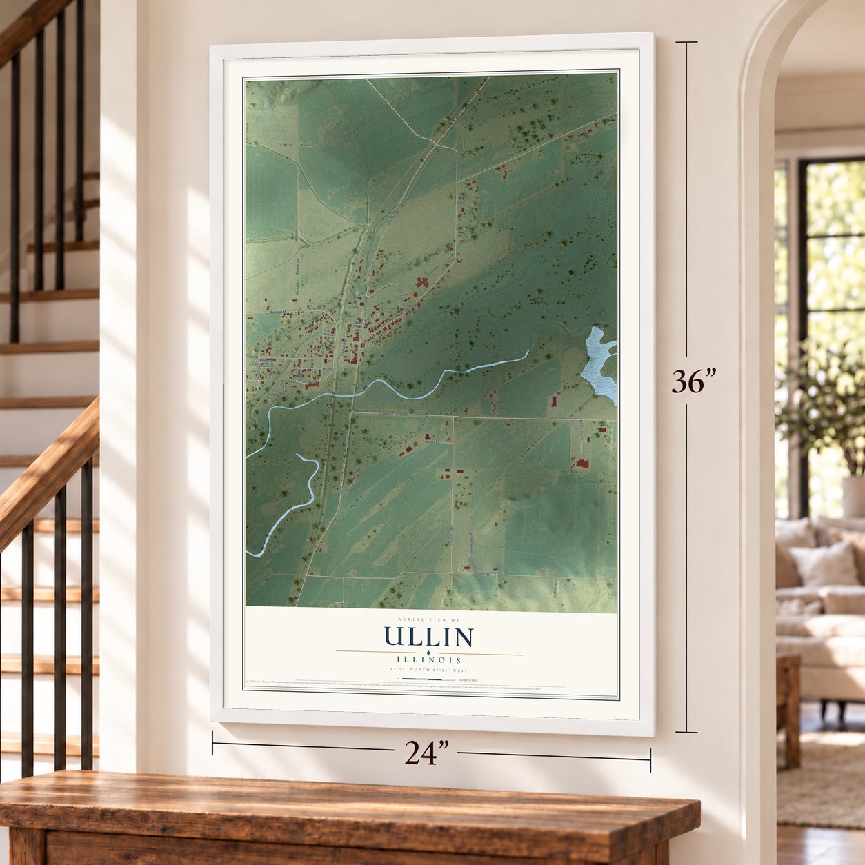Ullin, Illinois map, 24 x 36 inch print in a white frame by a staircase