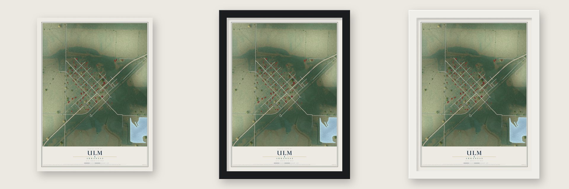 Ulm, Arkansas map unframed, in a black wood frame and in a white wood frame