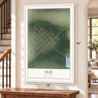 Ulm, Arkansas map, 24 x 36 inch print in a white frame by a staircase
