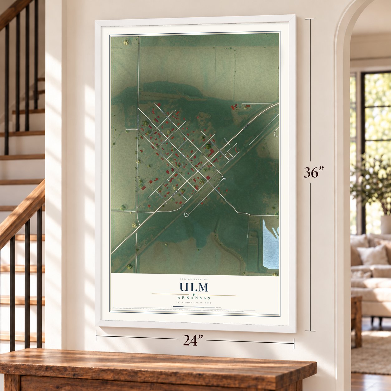 Ulm, Arkansas map, 24 x 36 inch print in a white frame by a staircase