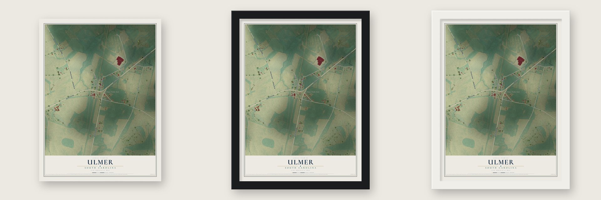 Ulmer, South Carolina map unframed, in a black wood frame and in a white wood frame