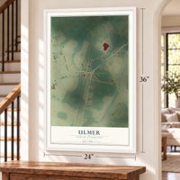 Ulmer, South Carolina map, 24 x 36 inch print in a white frame by a staircase