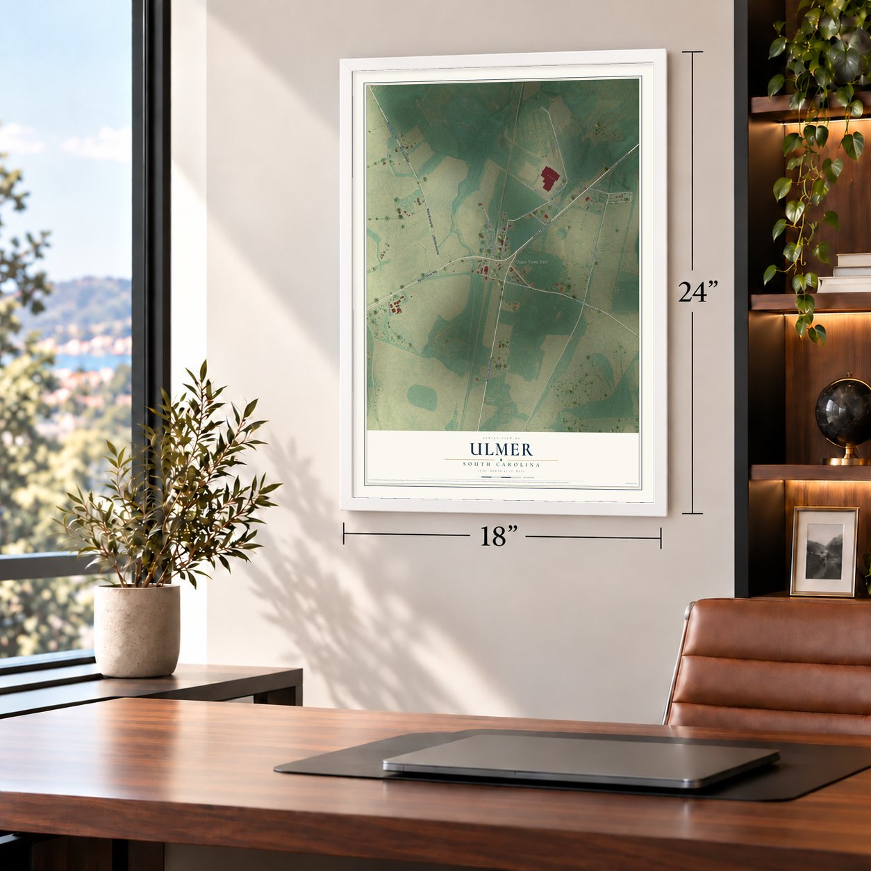 Ulmer, South Carolina map, 18 x 24 inch print in a white frame in a home office