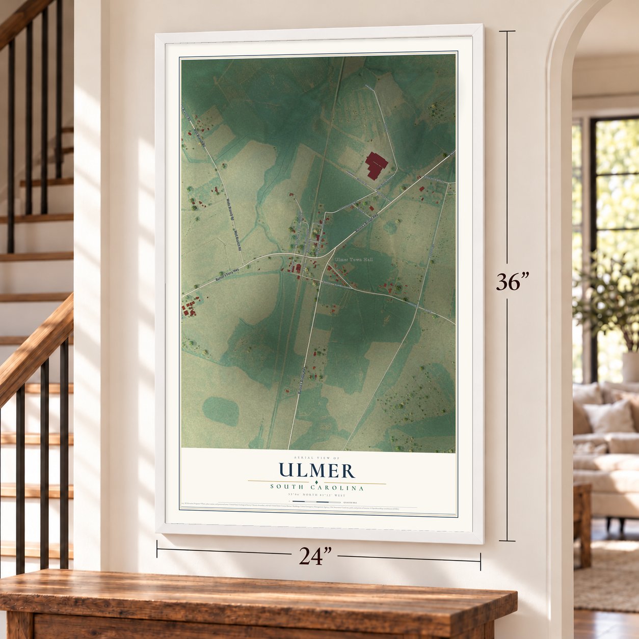 Ulmer, South Carolina map, 24 x 36 inch print in a white frame by a staircase