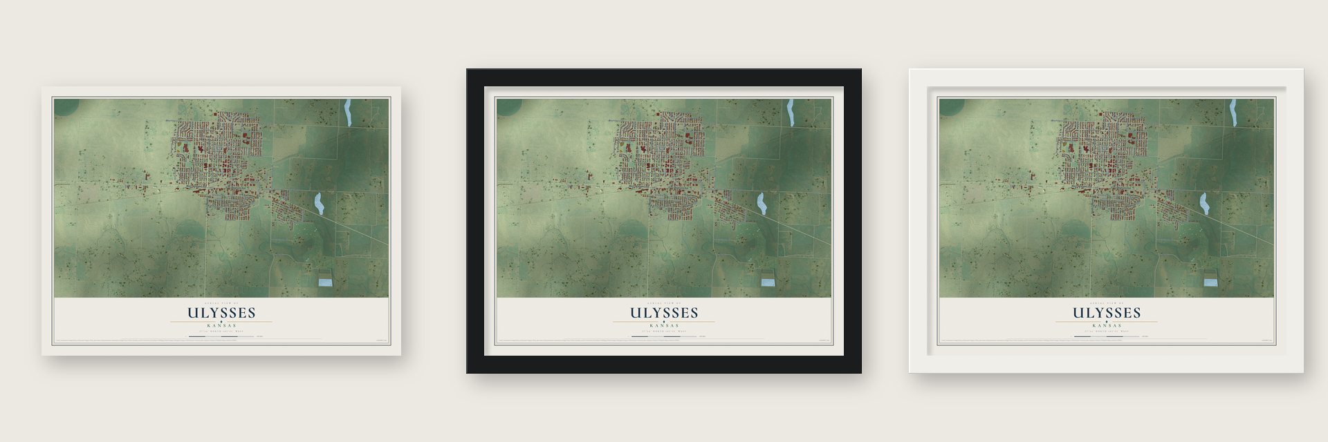 Ulysses, Kansas map unframed, in a black wood frame and in a white wood frame