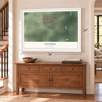 Ulysses, Kansas map, 24 x 36 inch print in a white frame above a dresser by a staircase