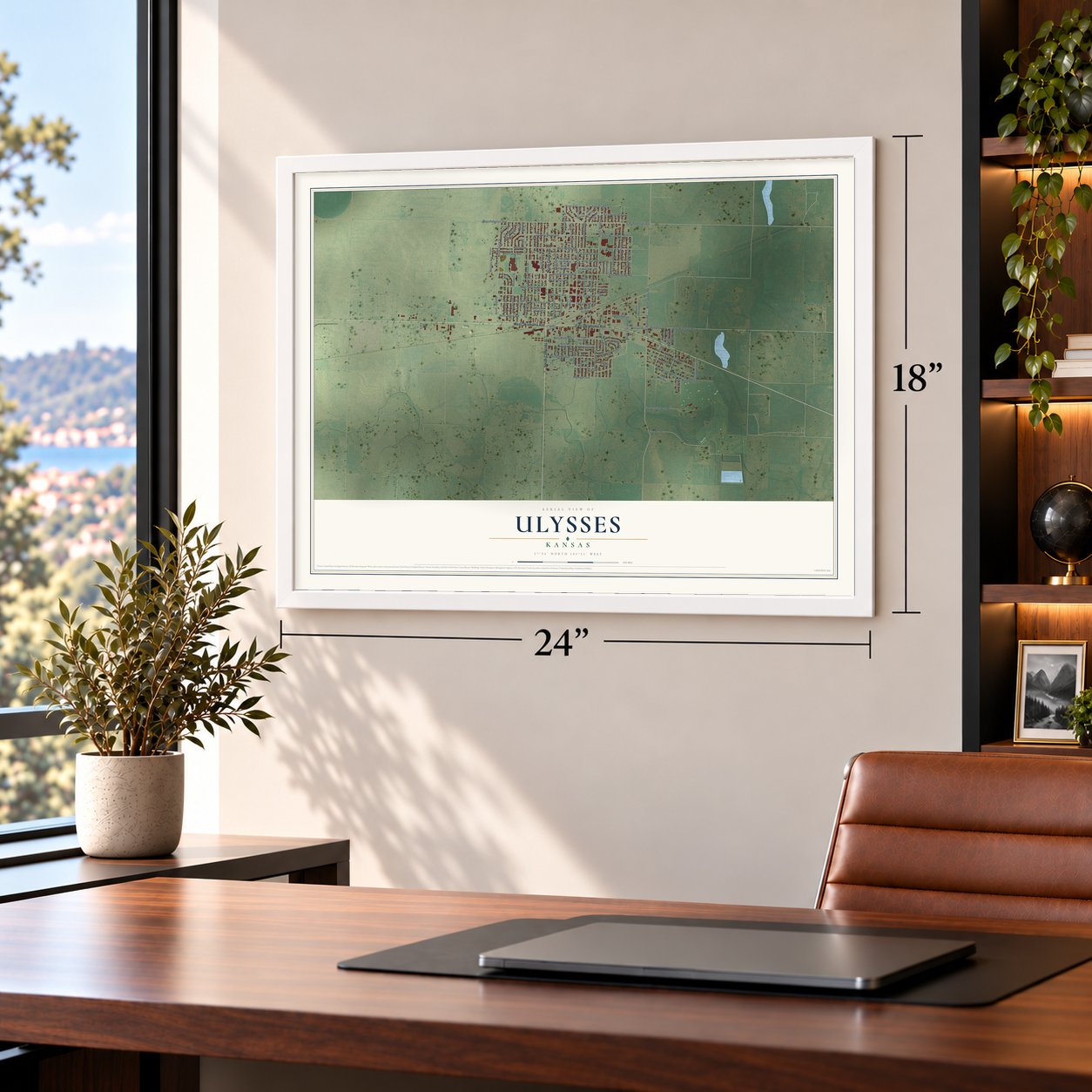 Ulysses, Kansas map, 18 x 24 inch print in a white frame in a home office