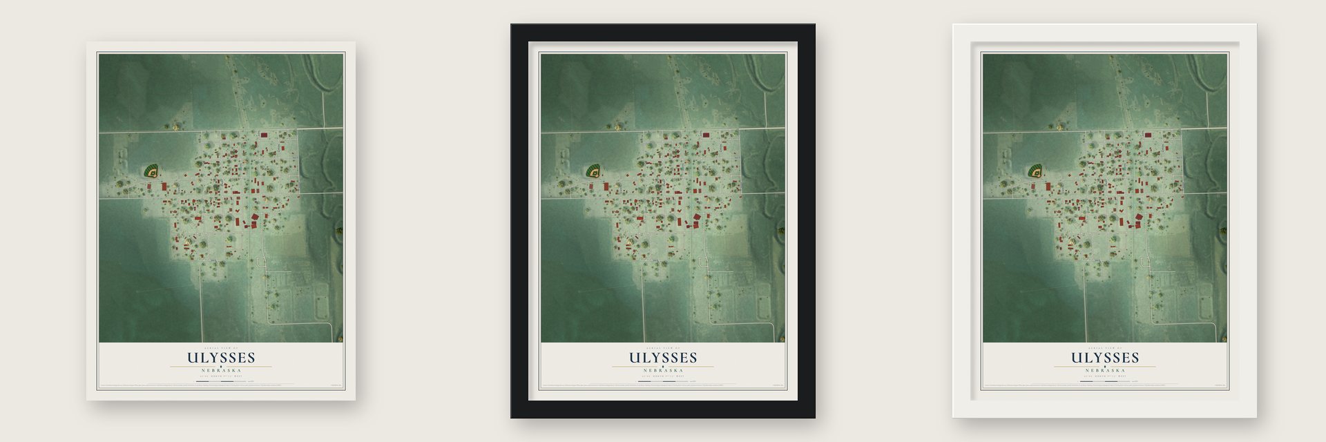 Ulysses, Nebraska map unframed, in a black wood frame and in a white wood frame