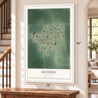 Ulysses, Nebraska map, 24 x 36 inch print in a white frame by a staircase
