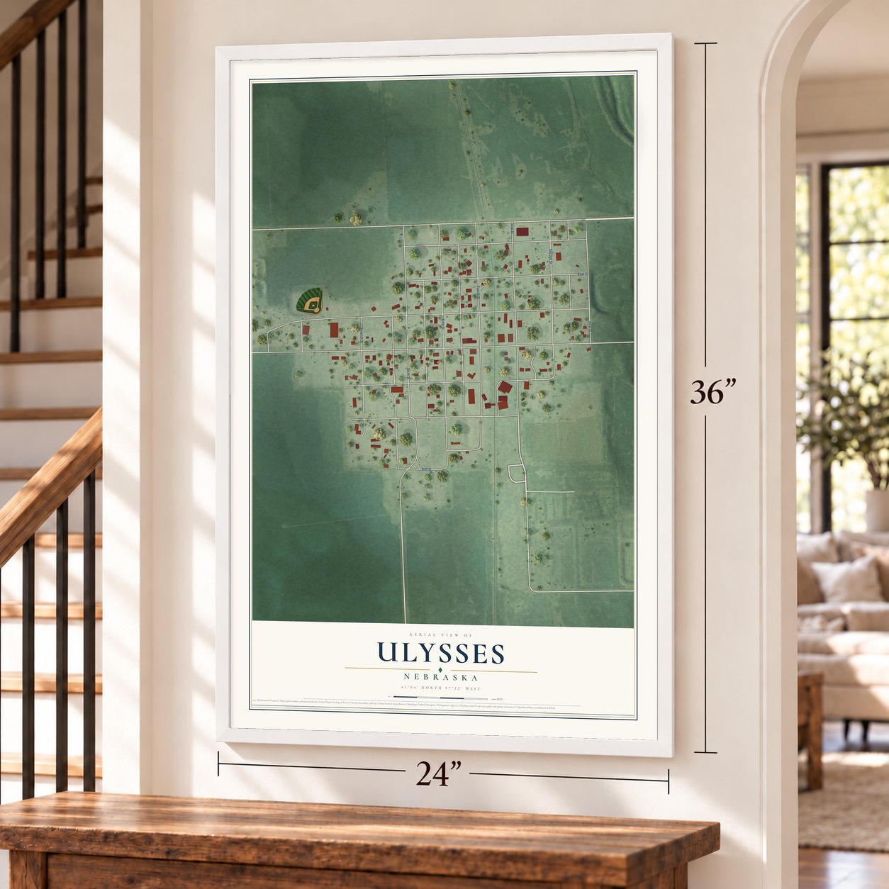 Ulysses, Nebraska map, 24 x 36 inch print in a white frame by a staircase