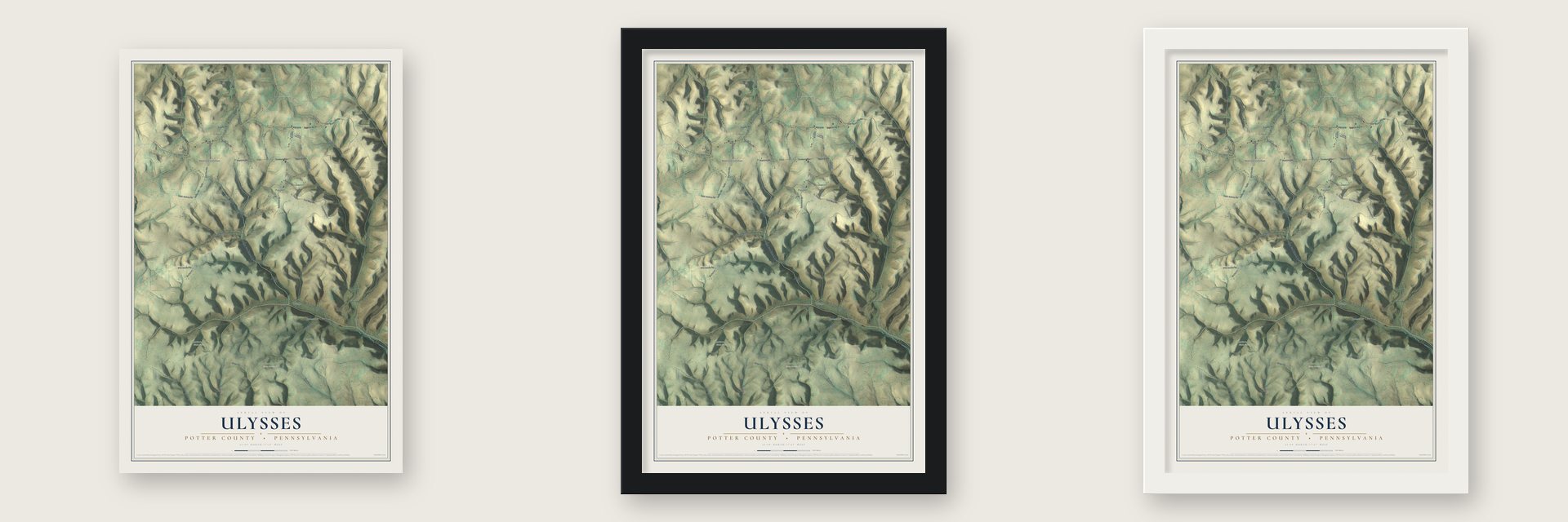 Ulysses, Potter County, Pennsylvania map unframed, in a black wood frame and in a white wood frame