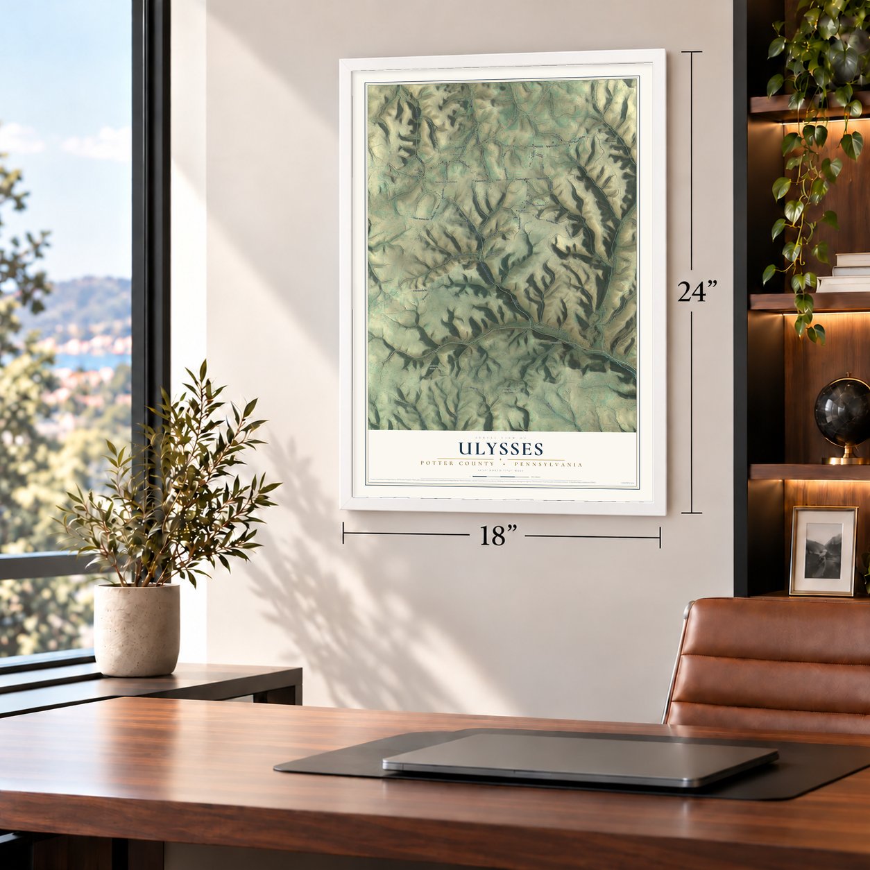 Ulysses, Potter County, Pennsylvania map, 18 x 24 inch print in a white frame in a home office