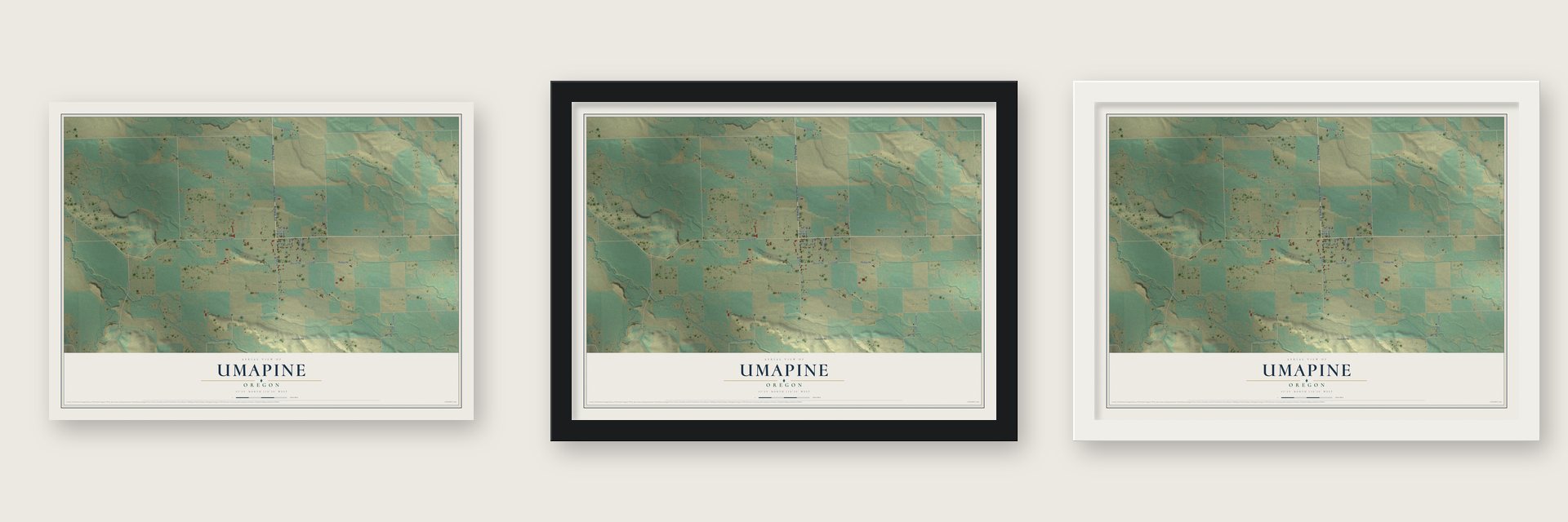 Umapine, Oregon map unframed, in a black wood frame and in a white wood frame