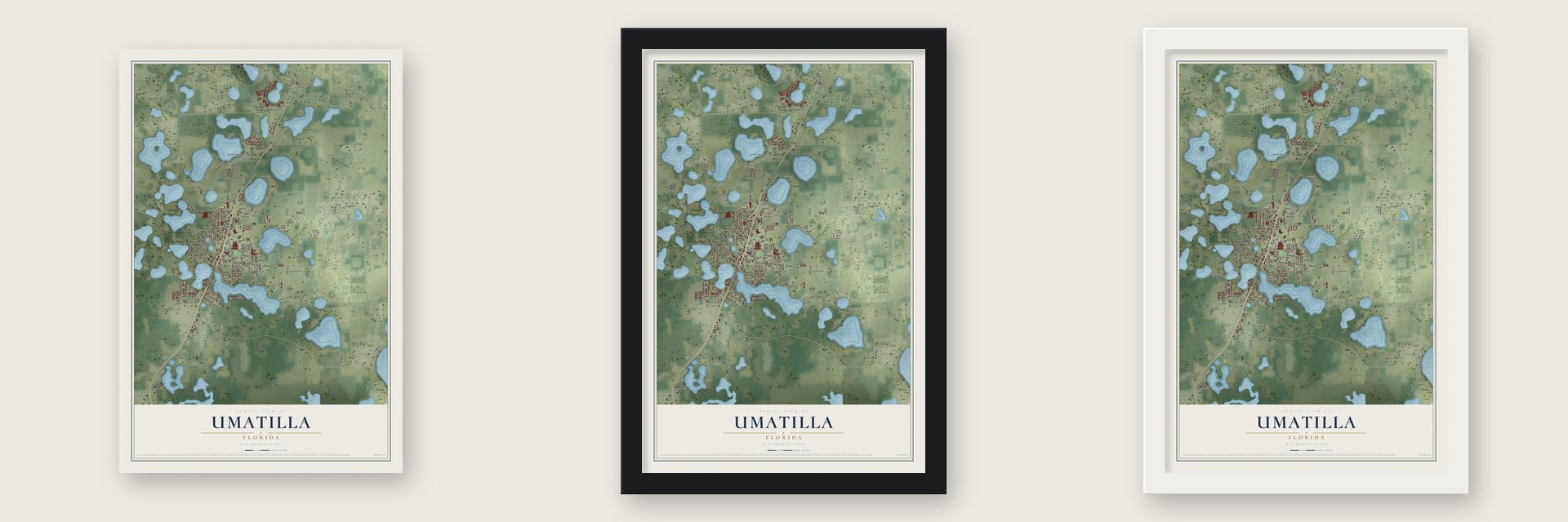 Umatilla, Florida map unframed, in a black wood frame and in a white wood frame