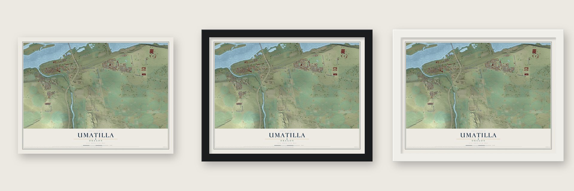 Umatilla, Oregon map unframed, in a black wood frame and in a white wood frame