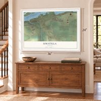 Umatilla, Oregon map, 24 x 36 inch print in a white frame above a dresser by a staircase