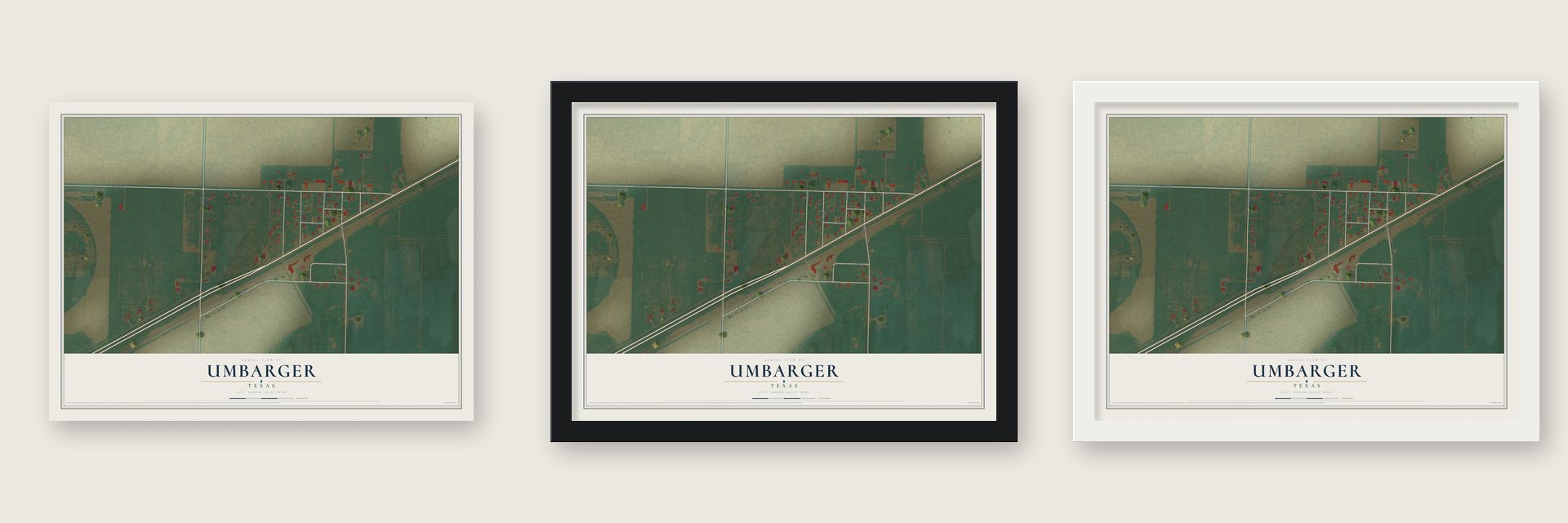 Umbarger, Texas map unframed, in a black wood frame and in a white wood frame