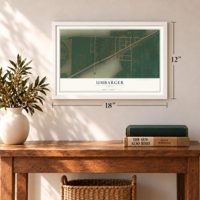 Umbarger, Texas map, 12 x 18 inch print in a white frame in an entryway