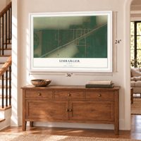 Umbarger, Texas map, 24 x 36 inch print in a white frame above a dresser by a staircase