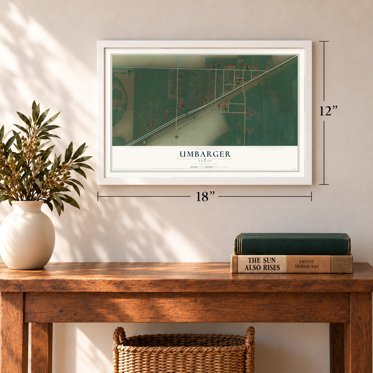 Umbarger, Texas map, 12 x 18 inch print in a white frame in an entryway
