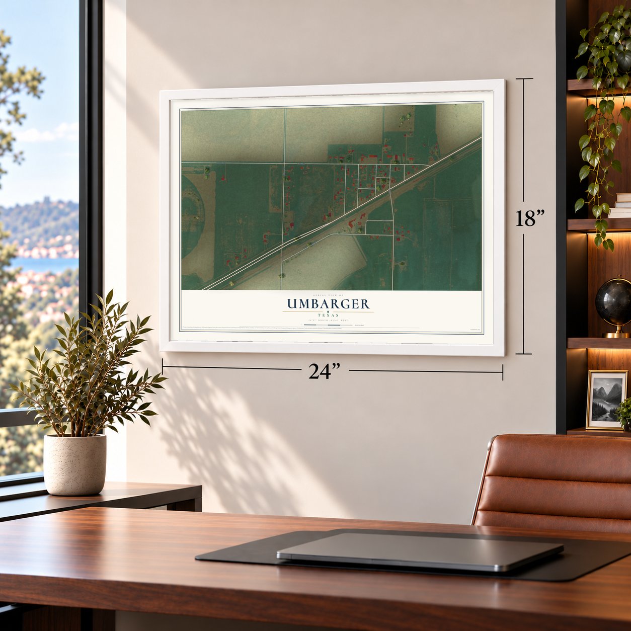 Umbarger, Texas map, 18 x 24 inch print in a white frame in a home office