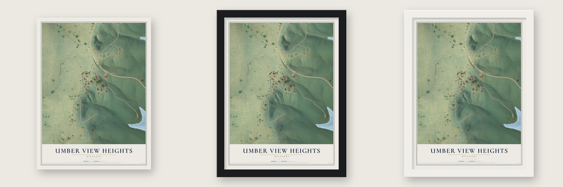 Umber View Heights, Missouri map unframed, in a black wood frame and in a white wood frame