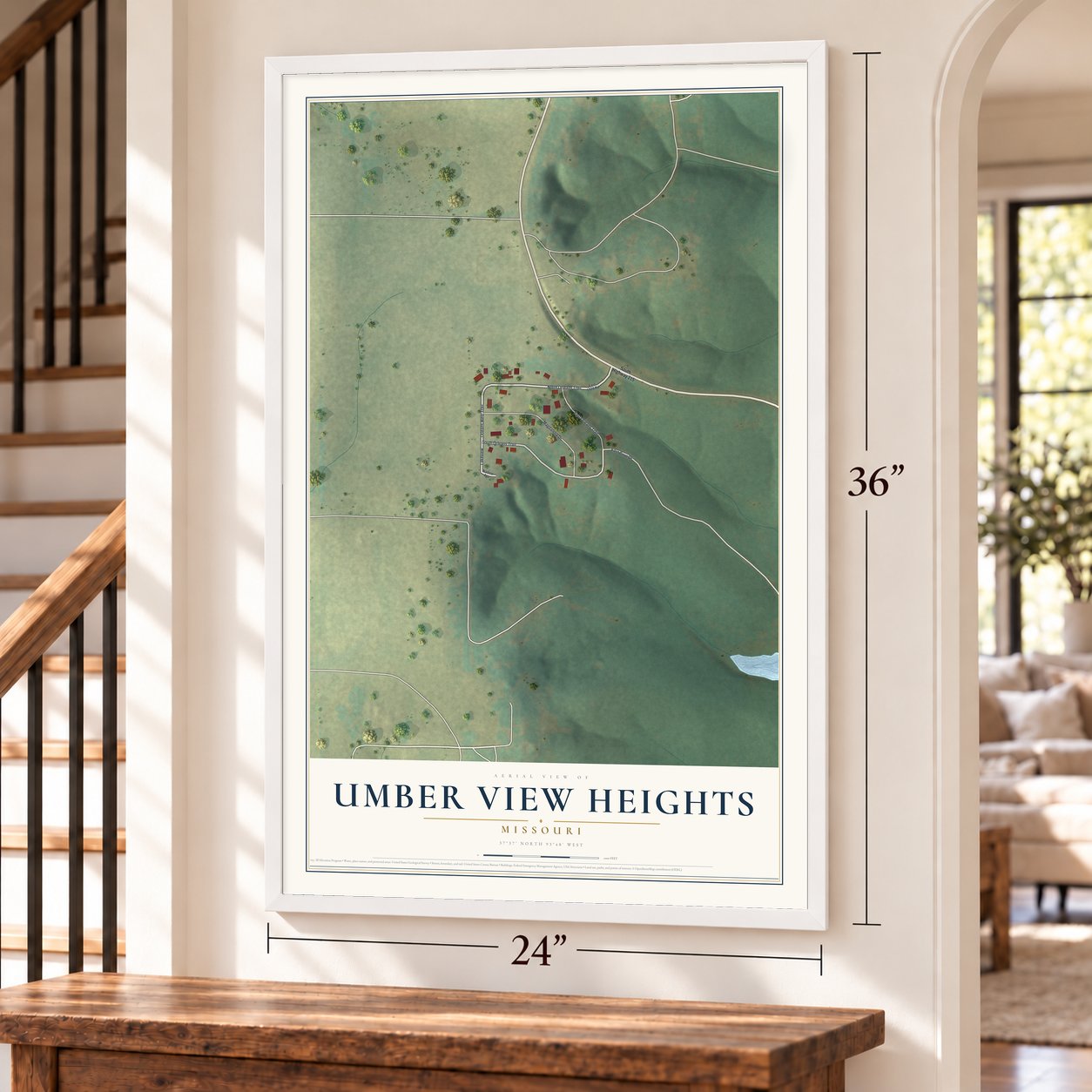 Umber View Heights, Missouri map, 24 x 36 inch print in a white frame by a staircase