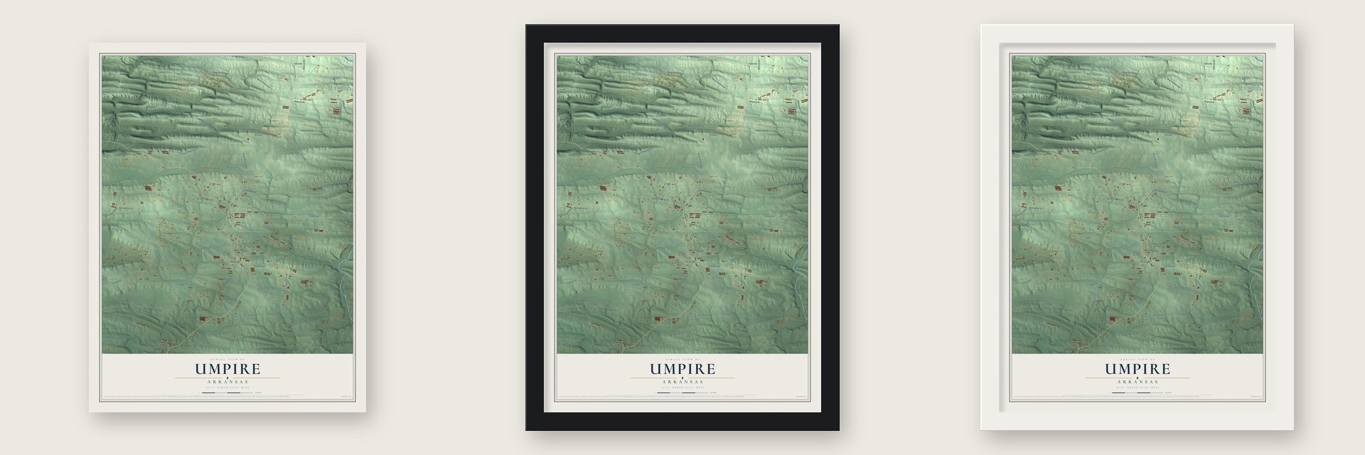 Umpire, Arkansas map unframed, in a black wood frame and in a white wood frame