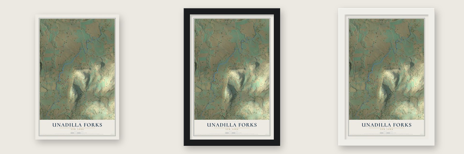 Unadilla Forks, New York map unframed, in a black wood frame and in a white wood frame