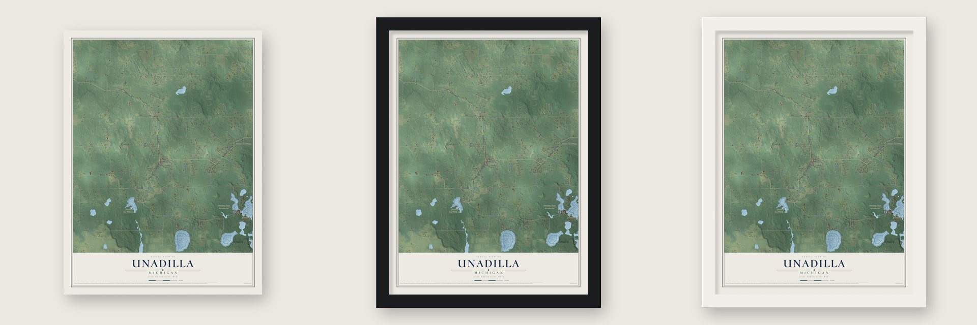Unadilla, Michigan map unframed, in a black wood frame and in a white wood frame