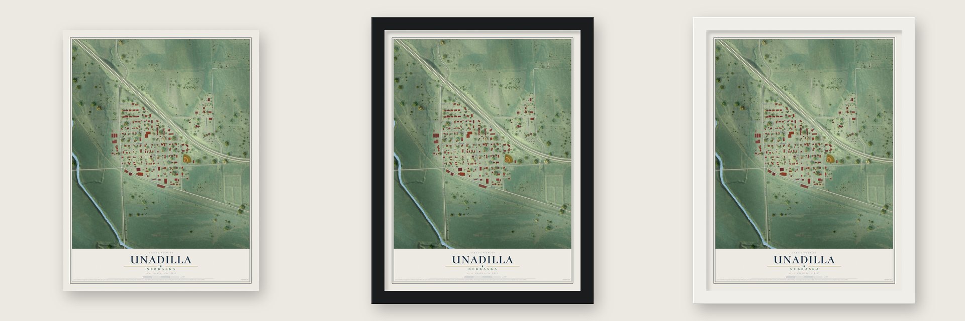 Unadilla, Nebraska map unframed, in a black wood frame and in a white wood frame