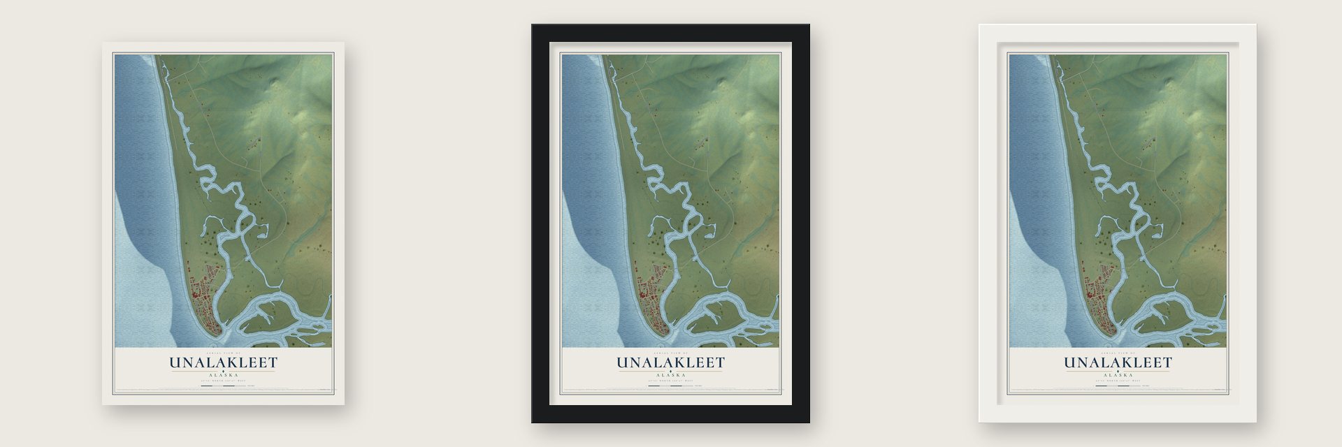 Unalakleet, Alaska map unframed, in a black wood frame and in a white wood frame