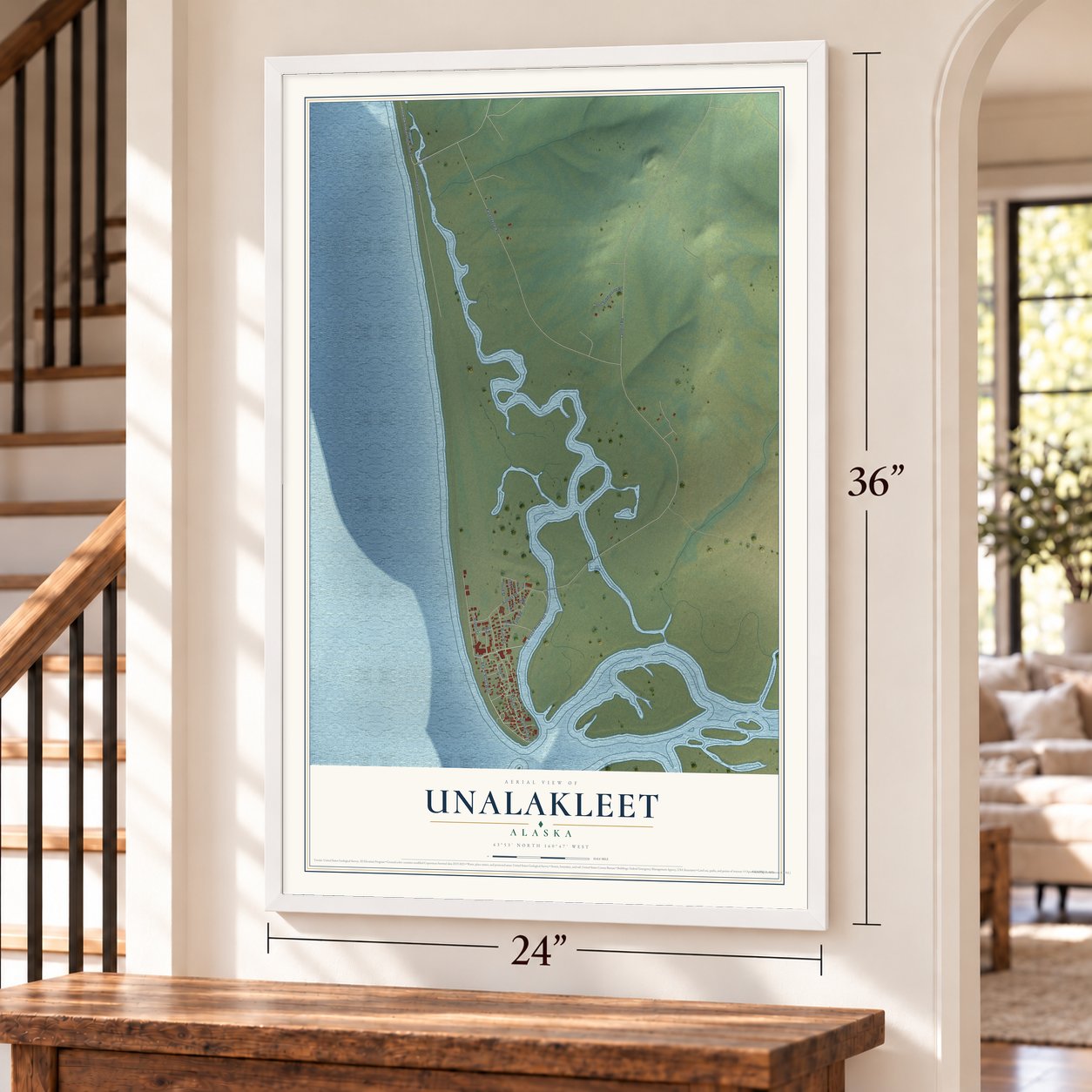 Unalakleet, Alaska map, 24 x 36 inch print in a white frame by a staircase