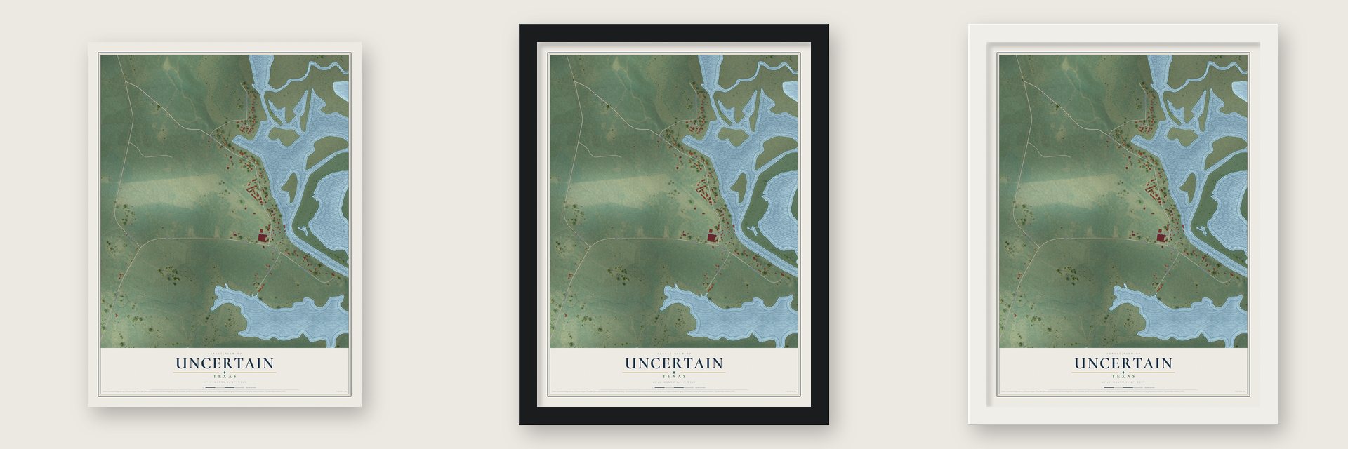 Uncertain, Texas map unframed, in a black wood frame and in a white wood frame