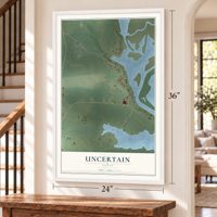 Uncertain, Texas map, 24 x 36 inch print in a white frame by a staircase