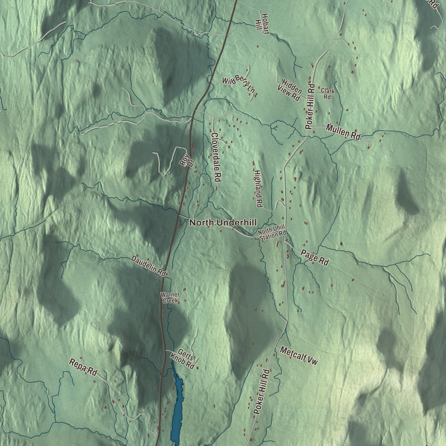Close-up of the map of Underhill, Vermont print showing terrain and local geography