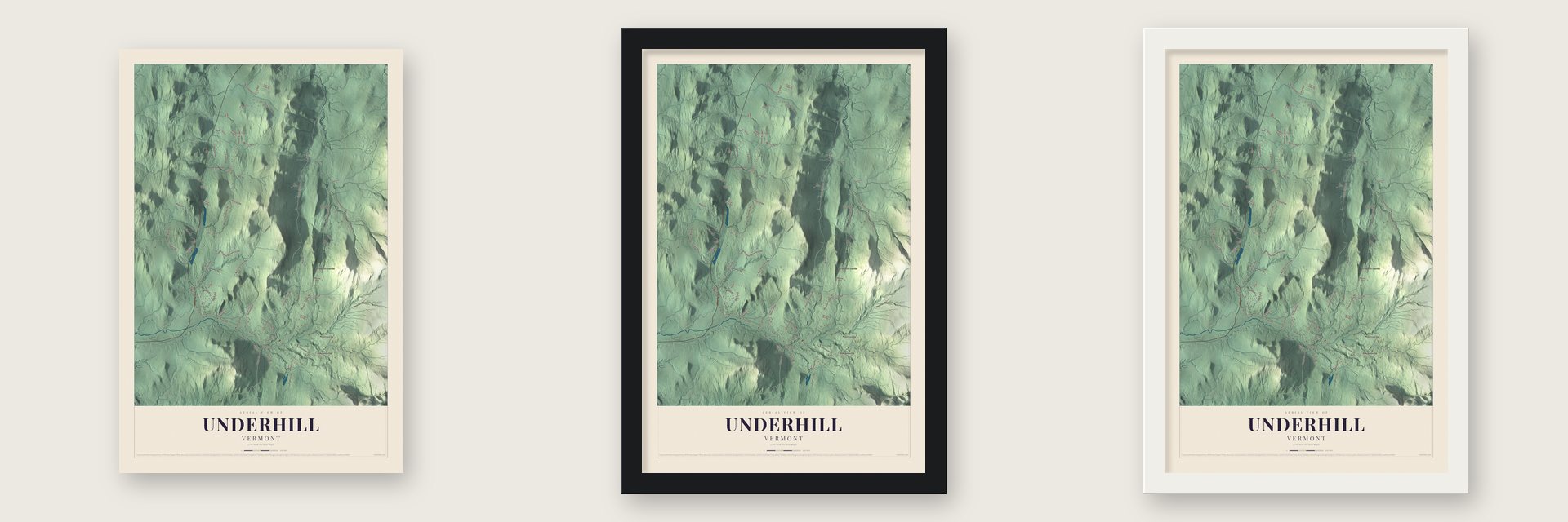 Underhill, Vermont map unframed, in a black wood frame and in a white wood frame