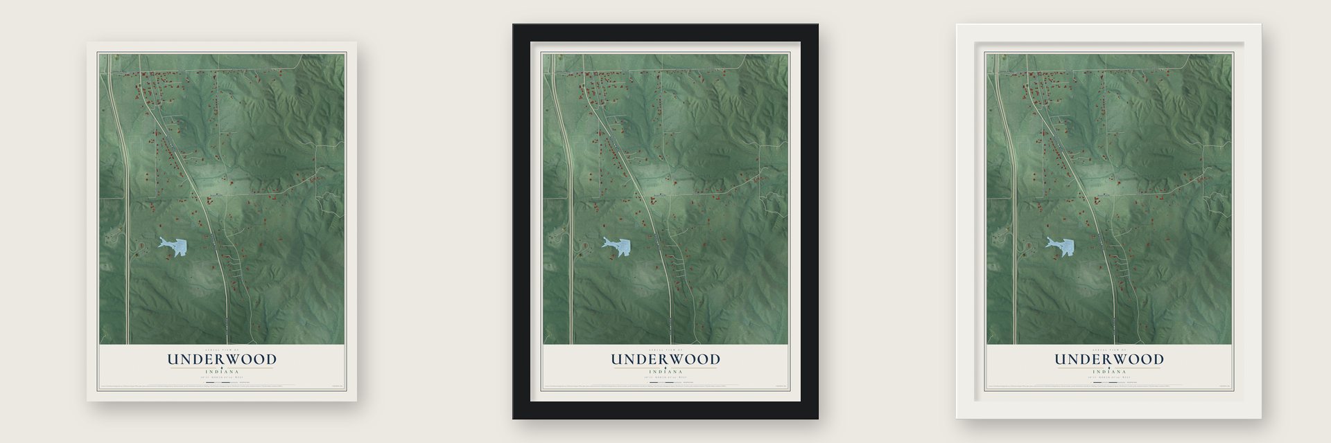 Underwood, Indiana map unframed, in a black wood frame and in a white wood frame