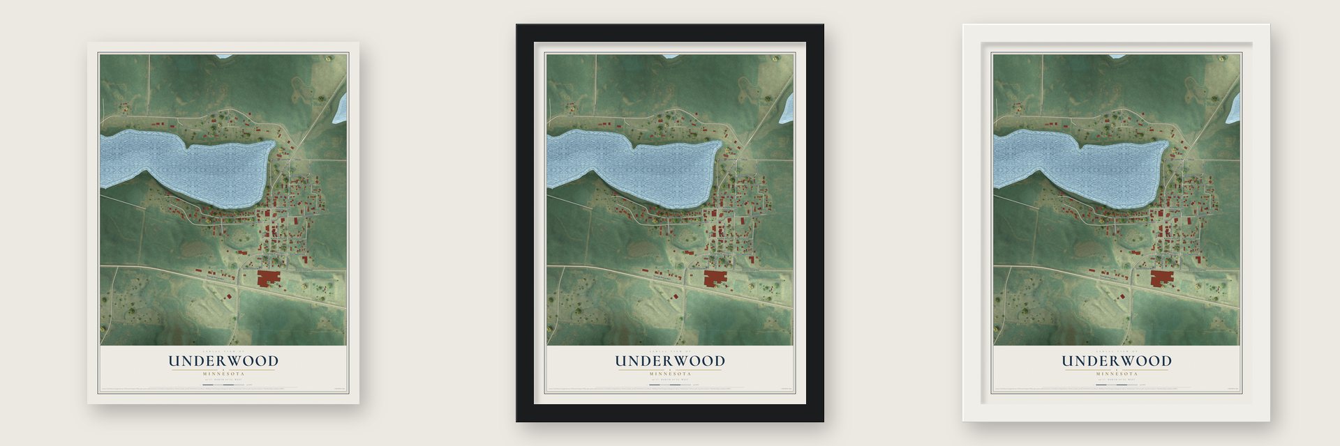 Underwood, Minnesota map unframed, in a black wood frame and in a white wood frame