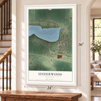 Underwood, Minnesota map, 24 x 36 inch print in a white frame by a staircase
